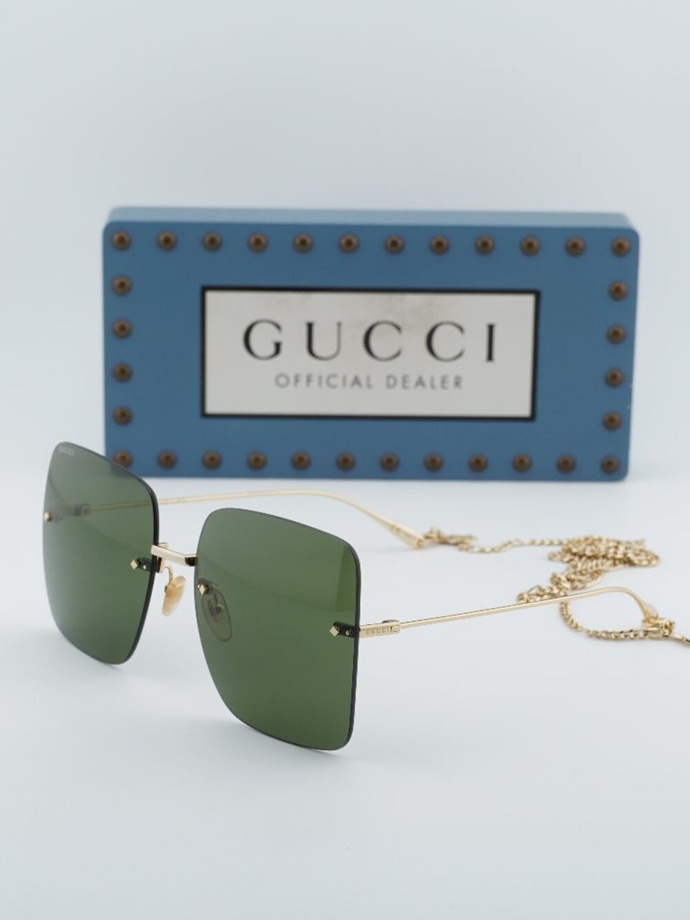 Gucci GG1147S 002 Women Butterfly Rimless Sunglasses - Gold with Chain / Green